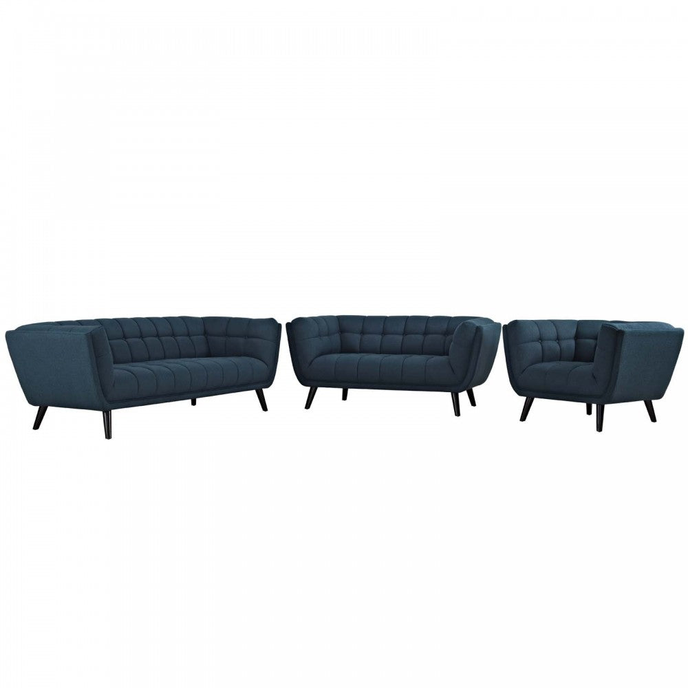 Bestow 3 Piece Upholstered Fabric Sofa Loveseat and Armchair Set, Blue