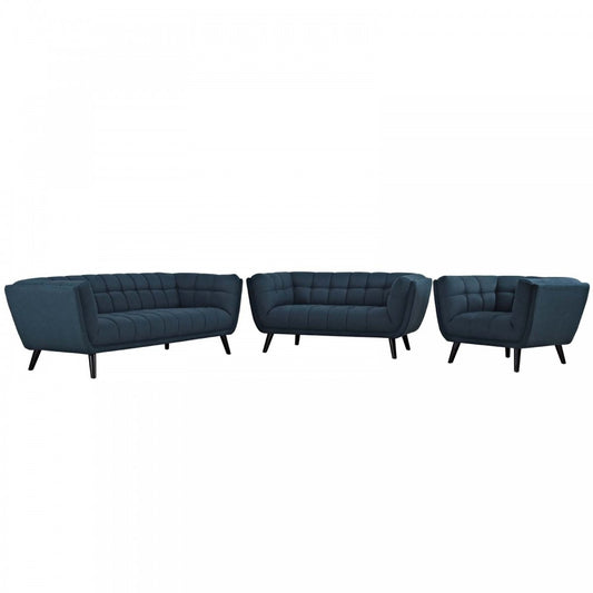 Bestow 3 Piece Upholstered Fabric Sofa Loveseat and Armchair Set, Blue