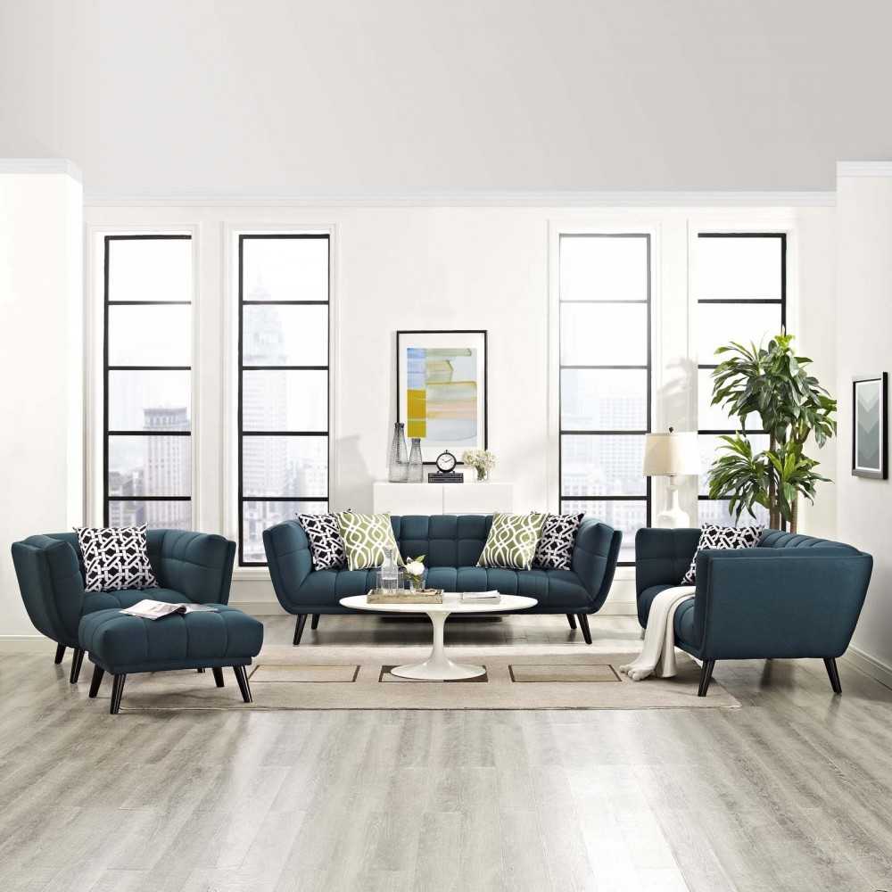 Bestow 3 Piece Upholstered Fabric Sofa Loveseat and Armchair Set, Blue