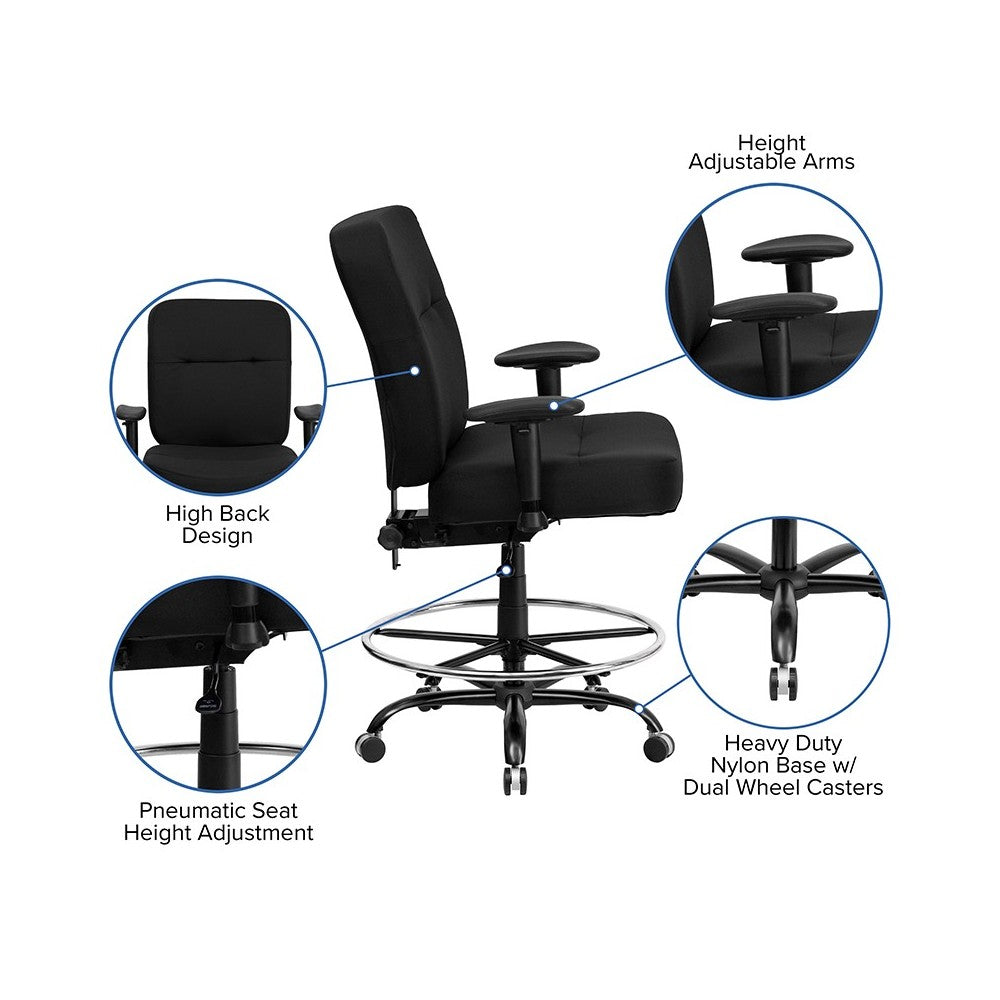 Big & Tall 400 lb. Rated Black Fabric Rectangular Back Ergonomic Draft Chair with Adjustable Arms
