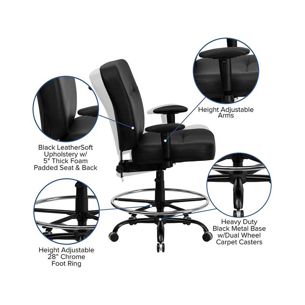 Big & Tall 400 lb. Rated Black LeatherSoft Ergonomic Drafting Chair with Adjustable Arms
