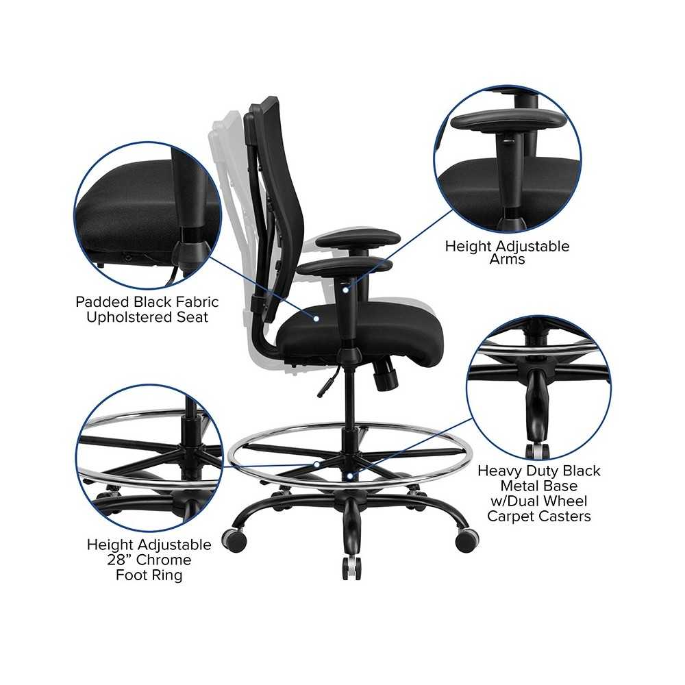 Big & Tall 400 lb. Rated Black Mesh Ergonomic Drafting Chair with Adjustable Arms