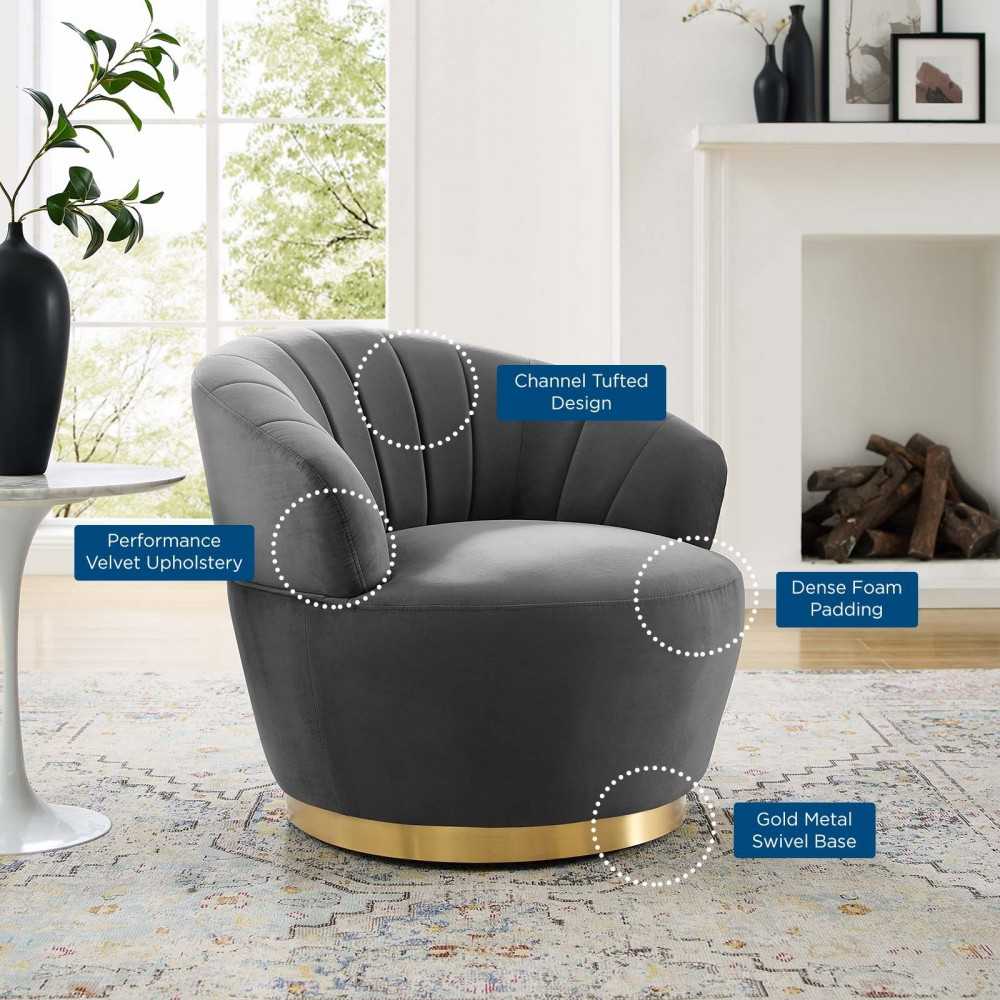 Billow Tufted Performance Velvet Swivel Chair, Gray