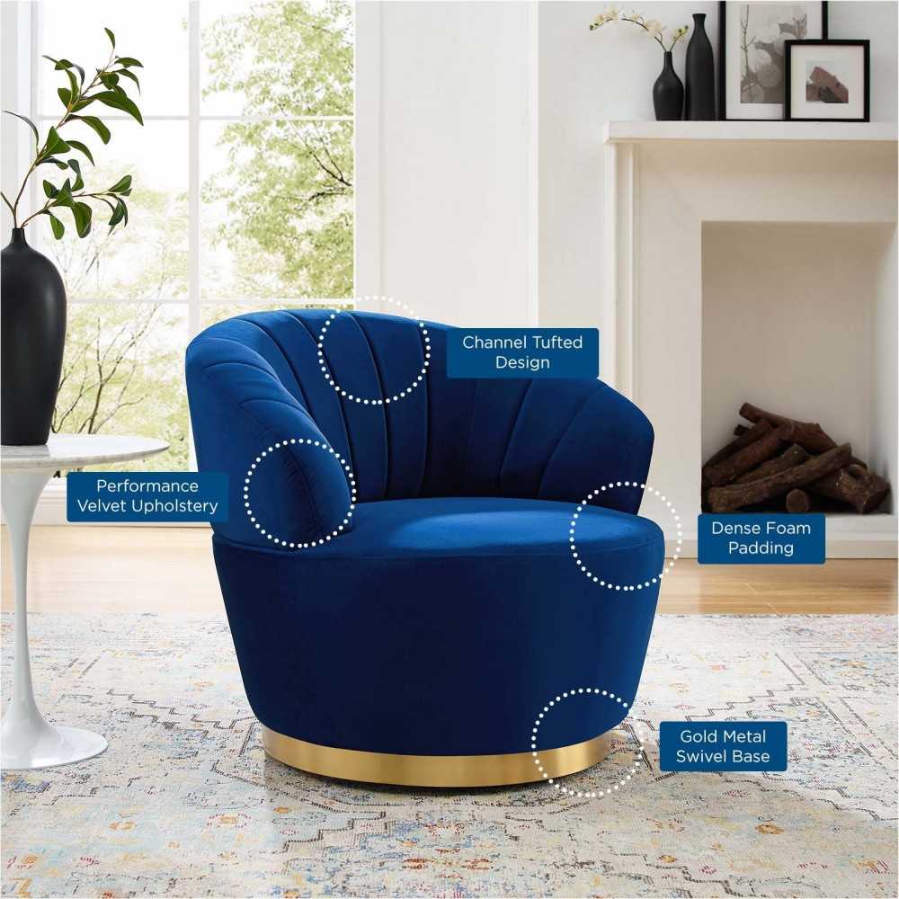 Billow Tufted Performance Velvet Swivel Chair, Navy