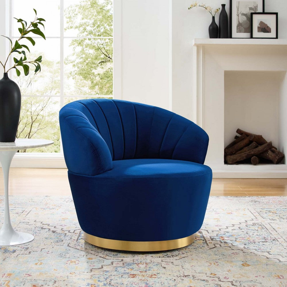 Billow Tufted Performance Velvet Swivel Chair, Navy
