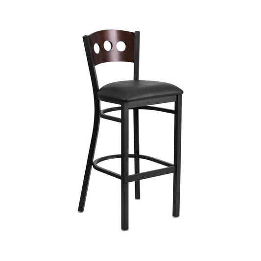 Black 3 Circle Back Metal Restaurant Barstool - Walnut Wood Back, Black Vinyl Seat