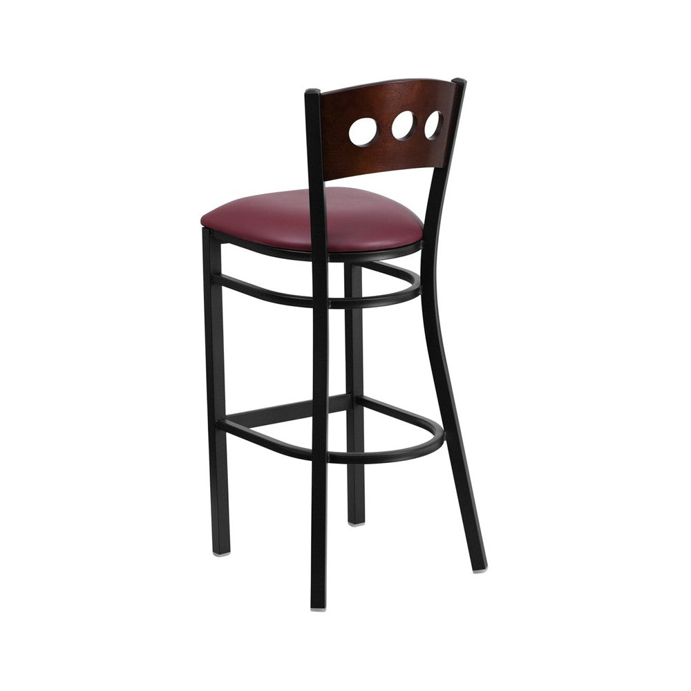 Black 3 Circle Back Metal Restaurant Barstool - Walnut Wood Back, Burgundy Vinyl Seat