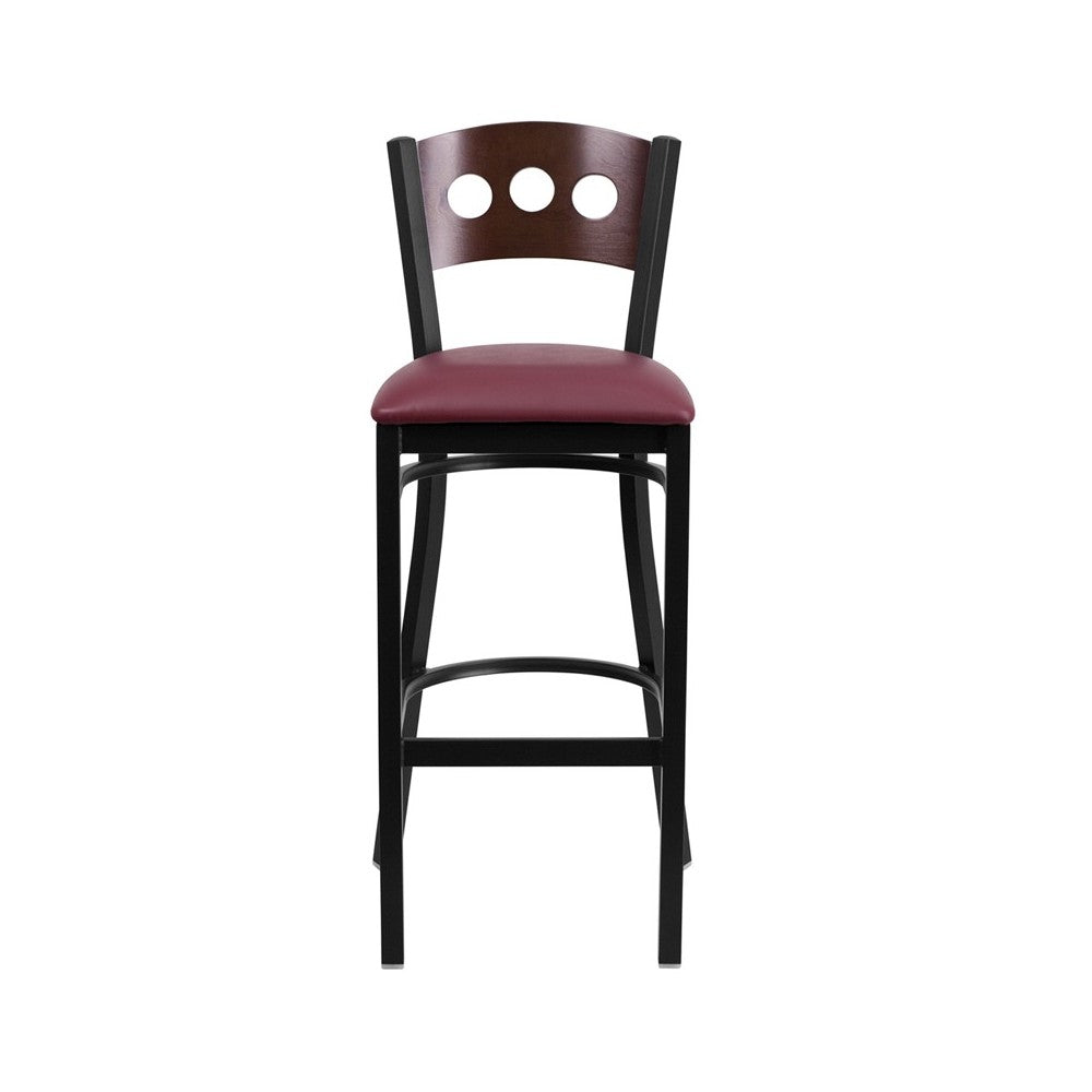 Black 3 Circle Back Metal Restaurant Barstool - Walnut Wood Back, Burgundy Vinyl Seat