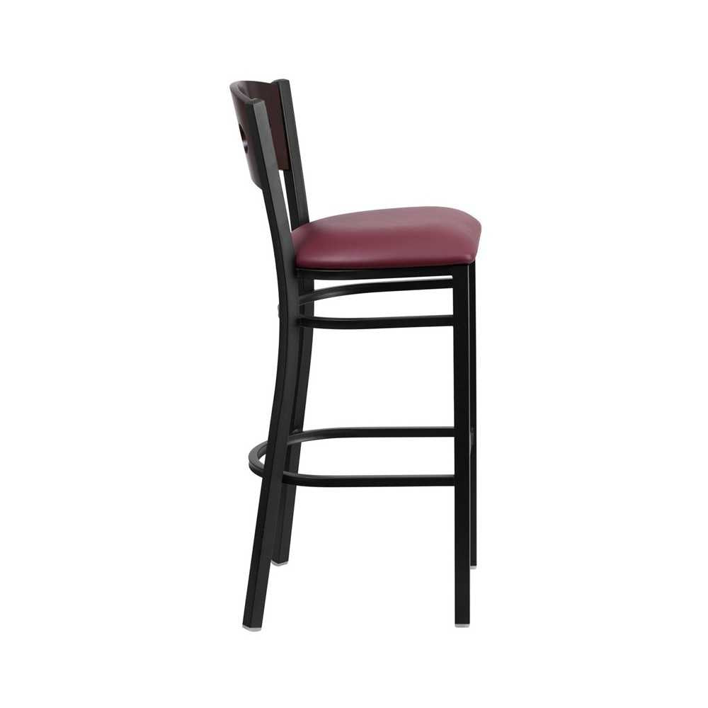 Black 3 Circle Back Metal Restaurant Barstool - Walnut Wood Back, Burgundy Vinyl Seat