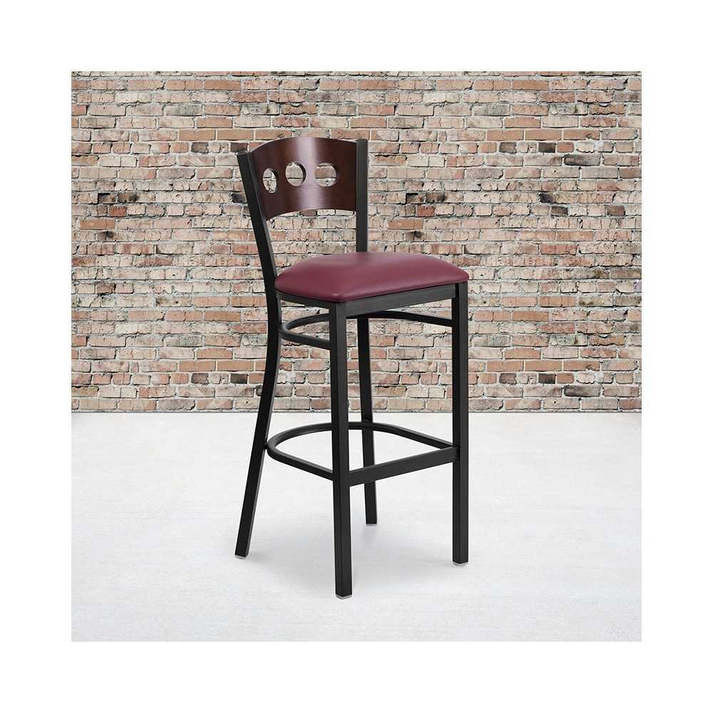 Black 3 Circle Back Metal Restaurant Barstool - Walnut Wood Back, Burgundy Vinyl Seat