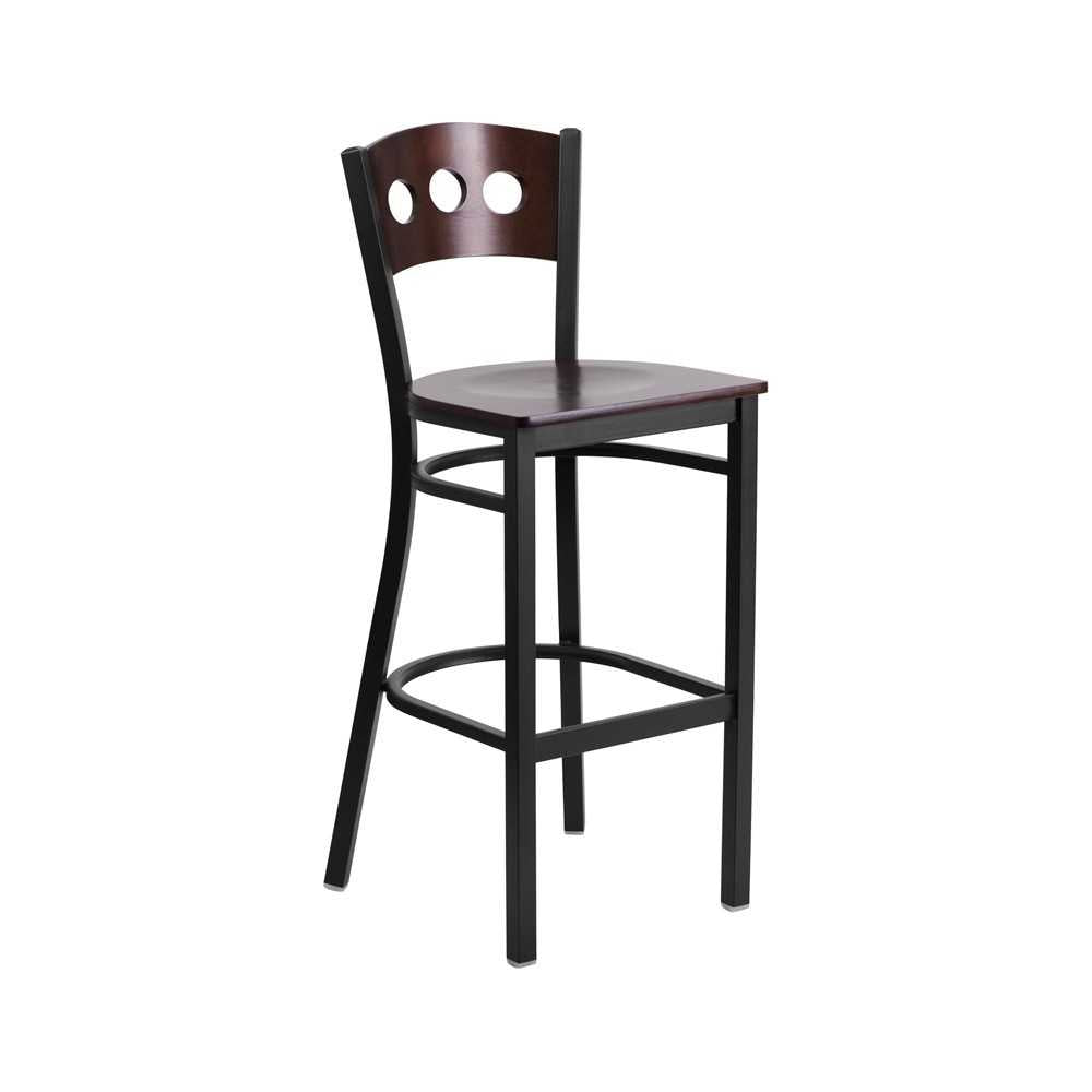 Black 3 Circle Back Metal Restaurant Barstool - Walnut Wood Back & Seat