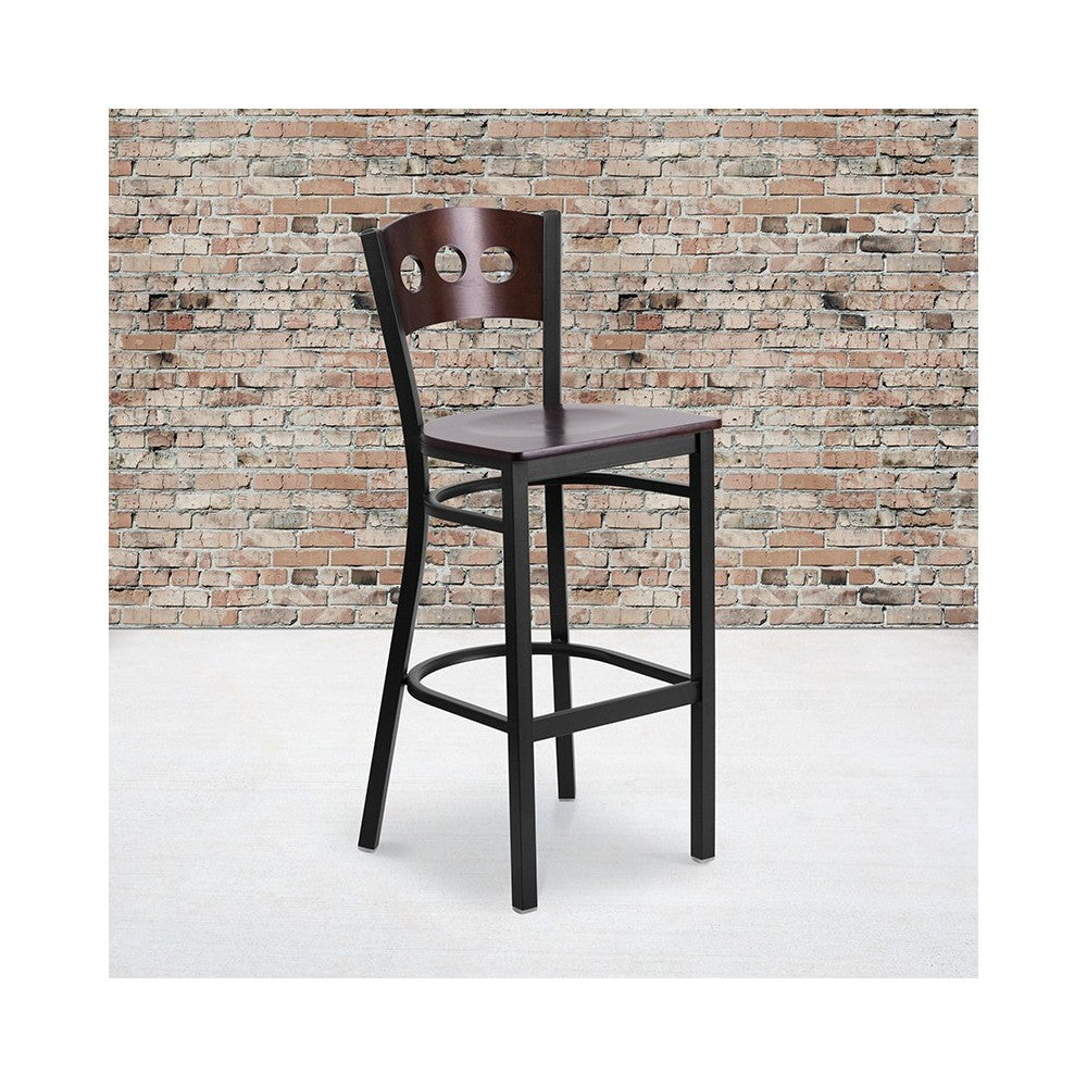 Black 3 Circle Back Metal Restaurant Barstool - Walnut Wood Back & Seat