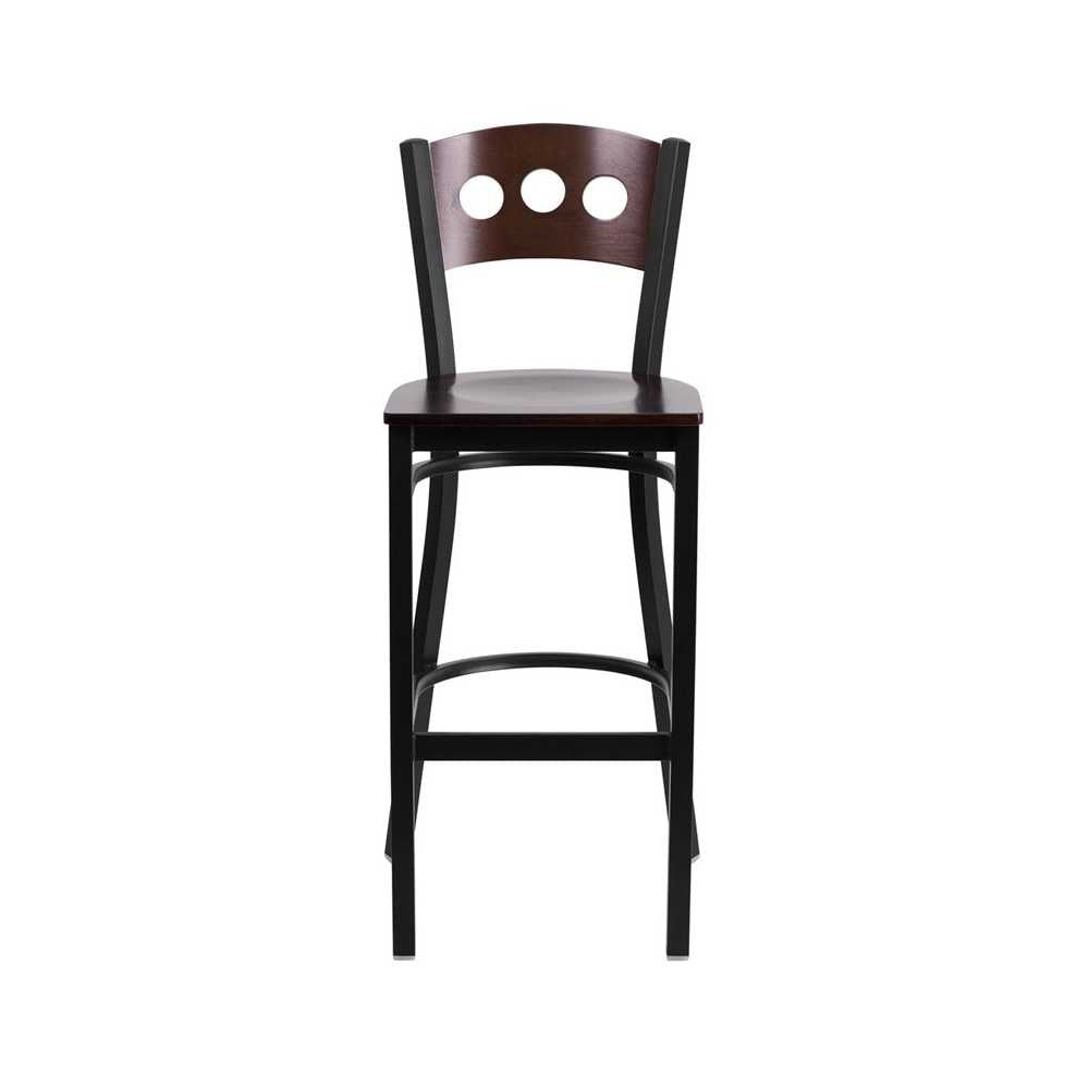 Black 3 Circle Back Metal Restaurant Barstool - Walnut Wood Back & Seat