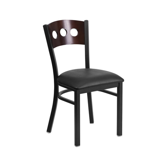 Black 3 Circle Back Metal Restaurant Chair - Walnut Wood Back, Black Vinyl Seat