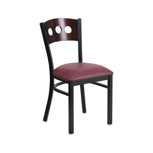 Black 3 Circle Back Metal Restaurant Chair - Walnut Wood Back, Burgundy Vinyl Seat