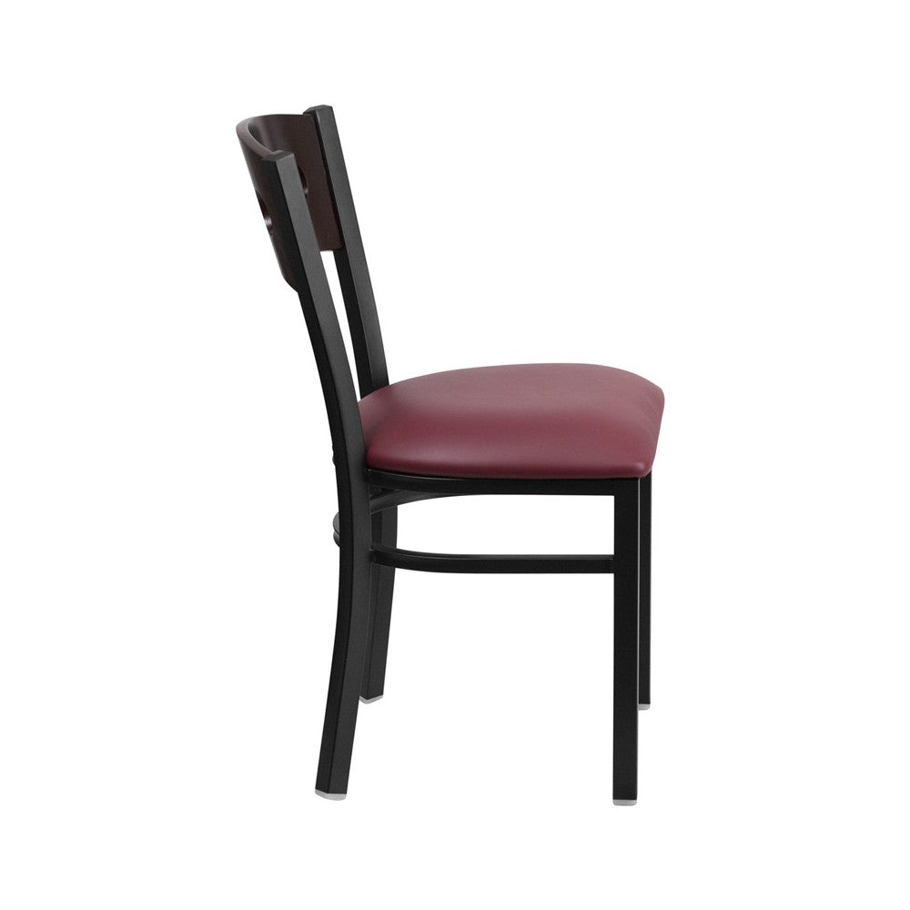 Black 3 Circle Back Metal Restaurant Chair - Walnut Wood Back, Burgundy Vinyl Seat