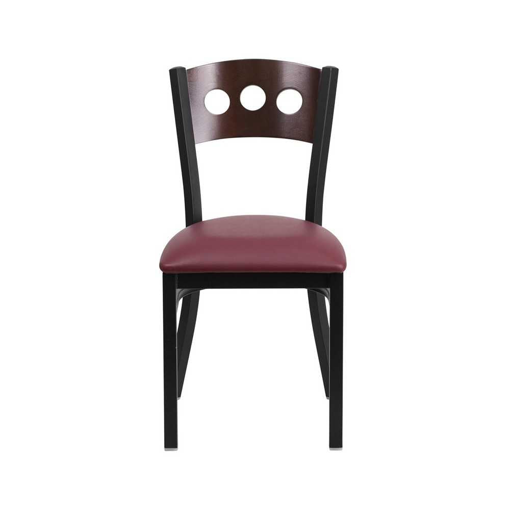 Black 3 Circle Back Metal Restaurant Chair - Walnut Wood Back, Burgundy Vinyl Seat