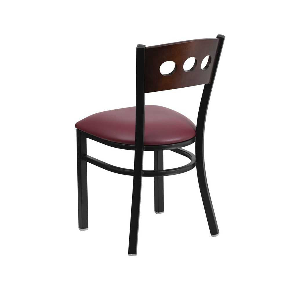 Black 3 Circle Back Metal Restaurant Chair - Walnut Wood Back, Burgundy Vinyl Seat