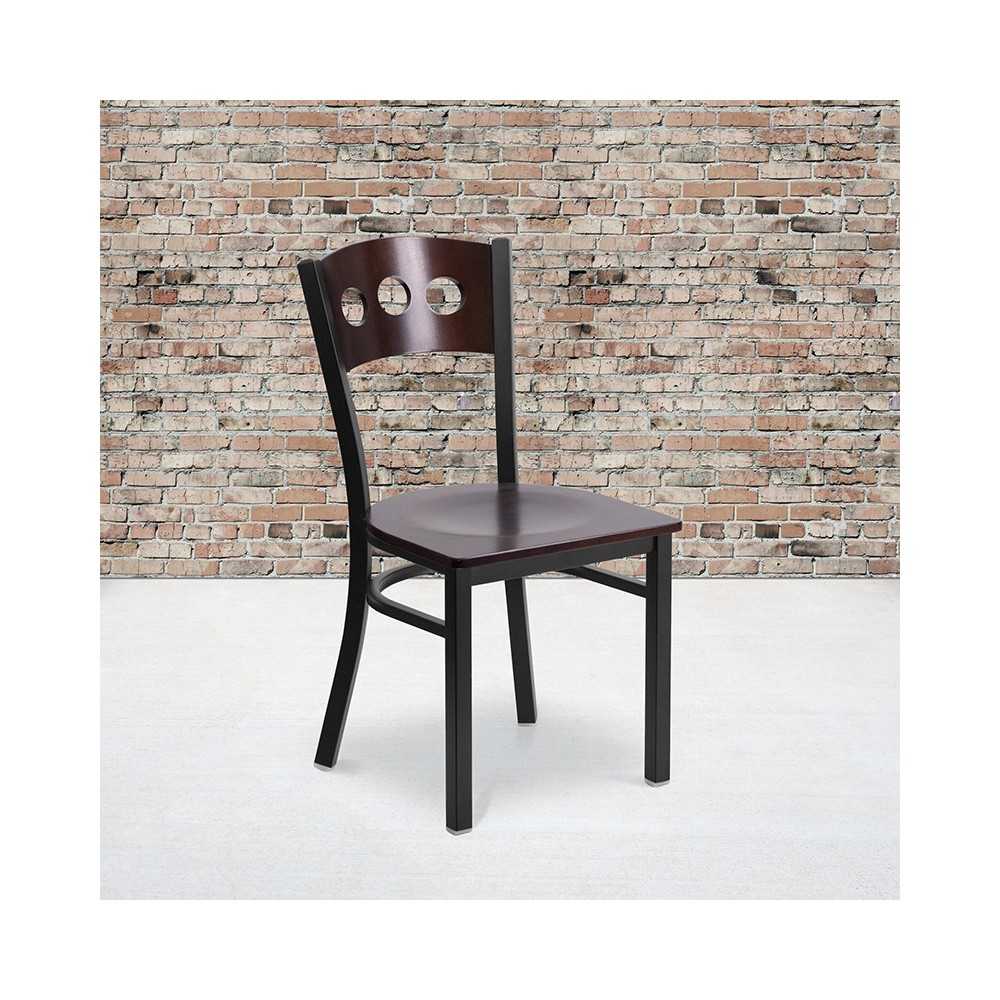 Black 3 Circle Back Metal Restaurant Chair - Walnut Wood Back & Seat