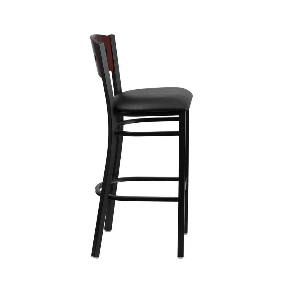 Black 4 Square Back Metal Restaurant Barstool - Mahogany Wood Back, Black Vinyl Seat