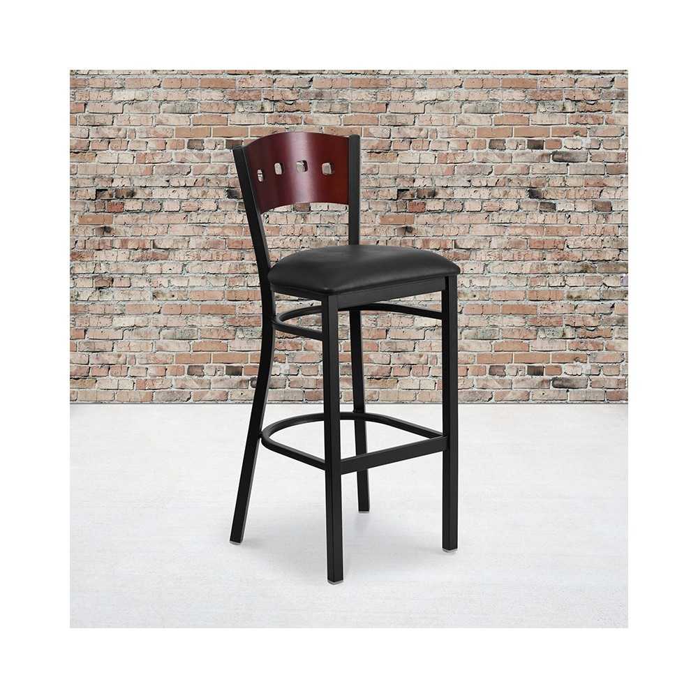 Black 4 Square Back Metal Restaurant Barstool - Mahogany Wood Back, Black Vinyl Seat