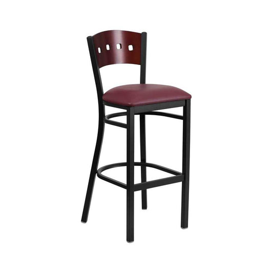 Black 4 Square Back Metal Restaurant Barstool - Mahogany Wood Back, Burgundy Vinyl Seat
