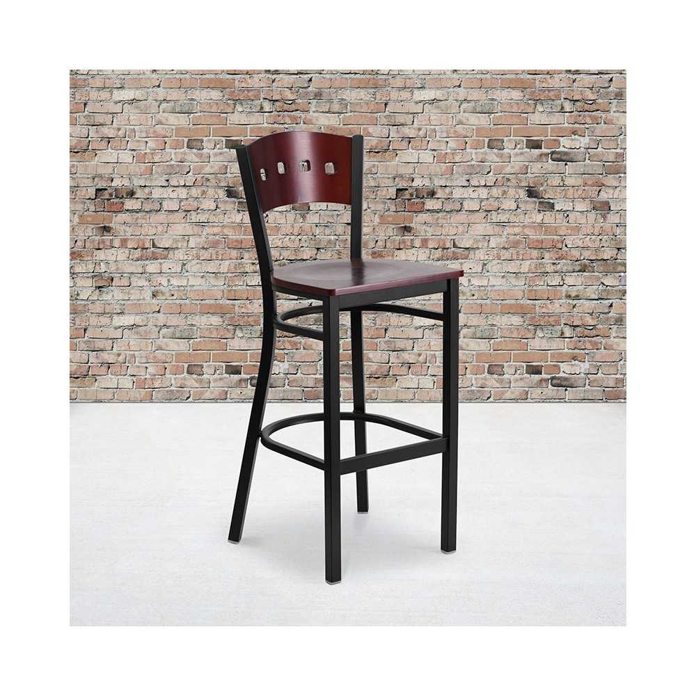 Black 4 Square Back Metal Restaurant Barstool - Mahogany Wood Back & Seat