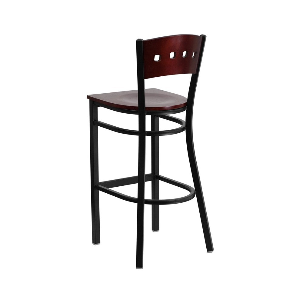 Black 4 Square Back Metal Restaurant Barstool - Mahogany Wood Back & Seat