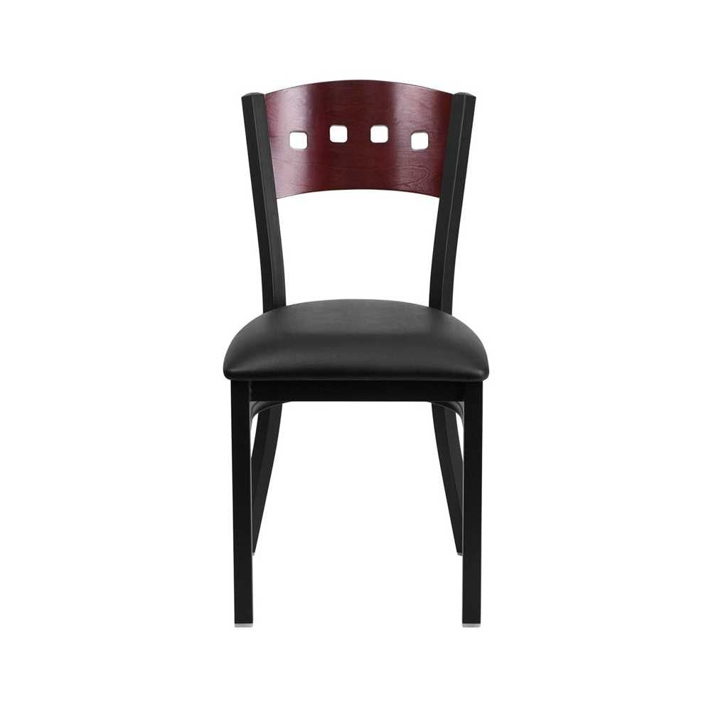 Black 4 Square Back Metal Restaurant Chair - Mahogany Wood Back, Black Vinyl Seat