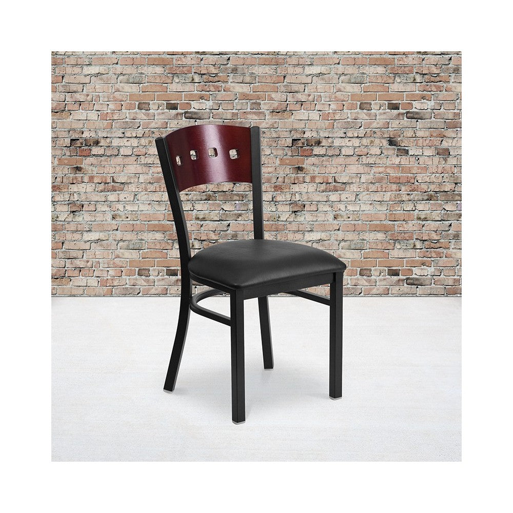 Black 4 Square Back Metal Restaurant Chair - Mahogany Wood Back, Black Vinyl Seat