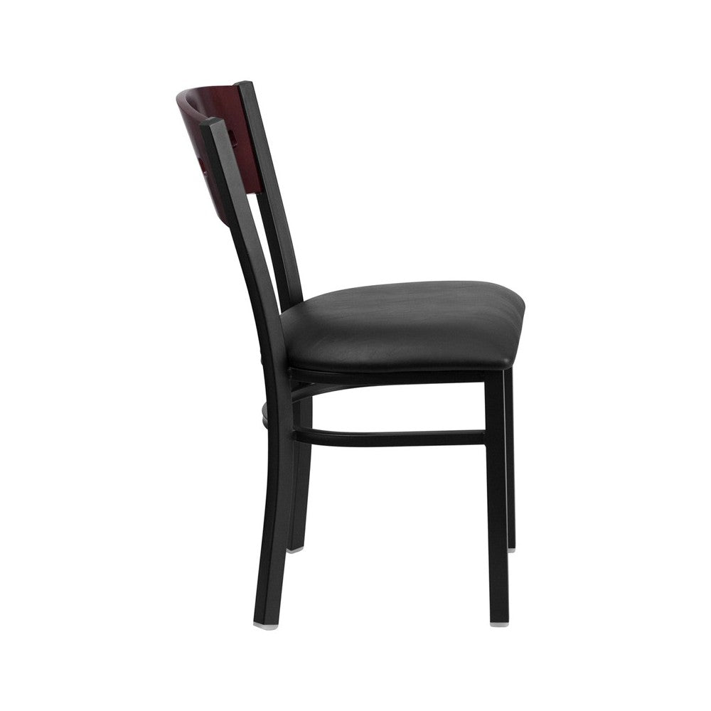 Black 4 Square Back Metal Restaurant Chair - Mahogany Wood Back, Black Vinyl Seat