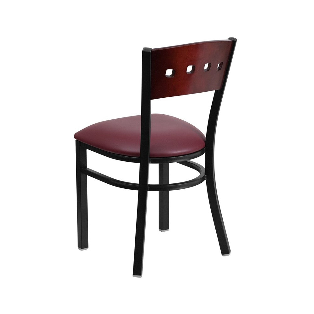Black 4 Square Back Metal Restaurant Chair - Mahogany Wood Back, Burgundy Vinyl Seat