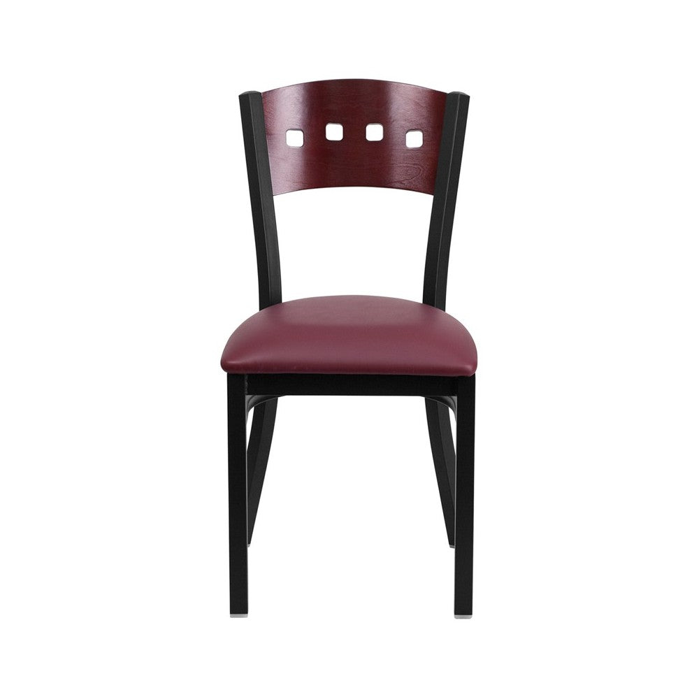 Black 4 Square Back Metal Restaurant Chair - Mahogany Wood Back, Burgundy Vinyl Seat