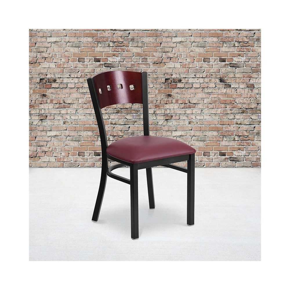 Black 4 Square Back Metal Restaurant Chair - Mahogany Wood Back, Burgundy Vinyl Seat