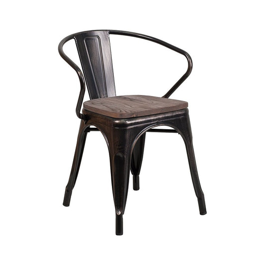 Black-Antique Gold Metal Chair with Wood Seat and Arms
