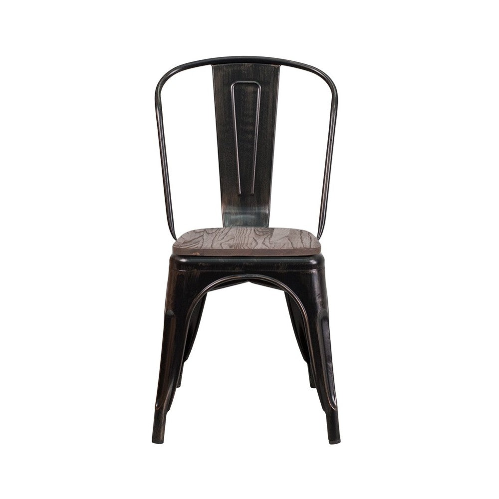 Black-Antique Gold Metal Stackable Chair with Wood Seat