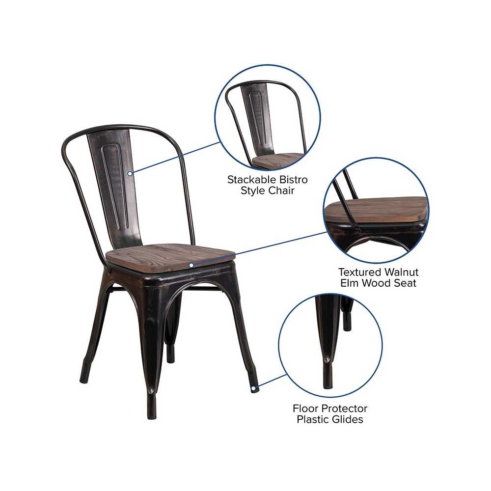 Black-Antique Gold Metal Stackable Chair with Wood Seat
