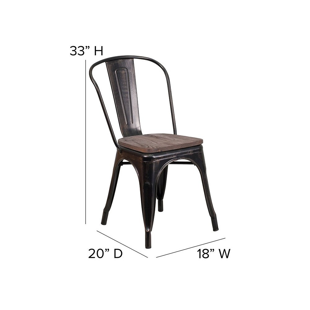 Black-Antique Gold Metal Stackable Chair with Wood Seat