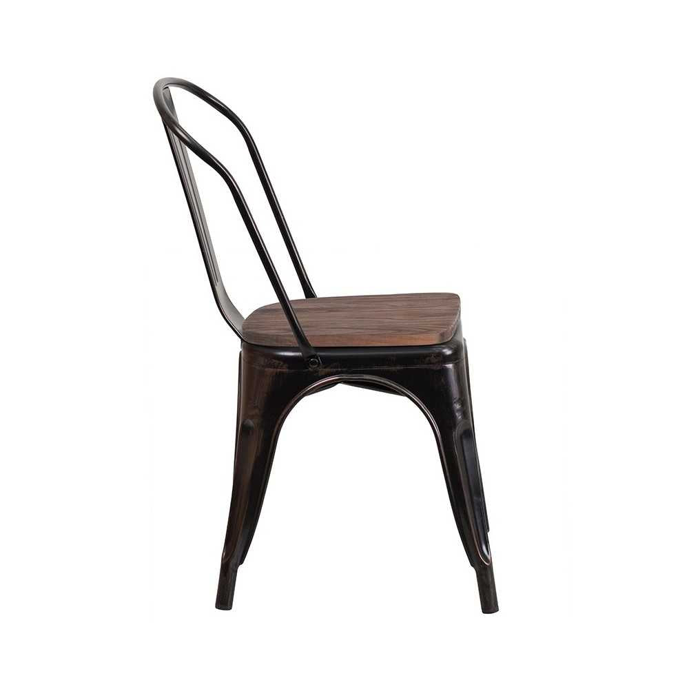 Black-Antique Gold Metal Stackable Chair with Wood Seat