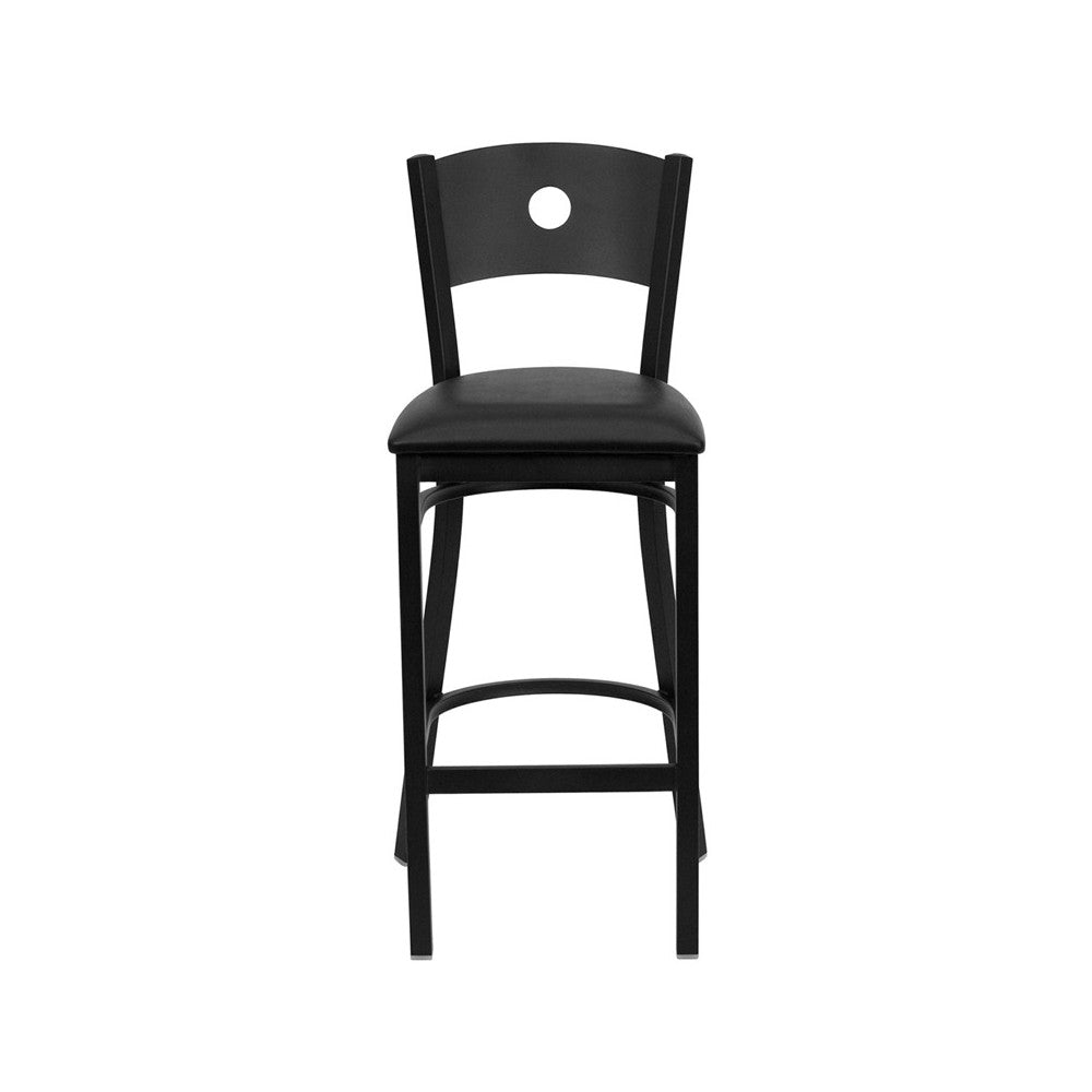 Black Circle Back Metal Restaurant Barstool - Black Vinyl Seat