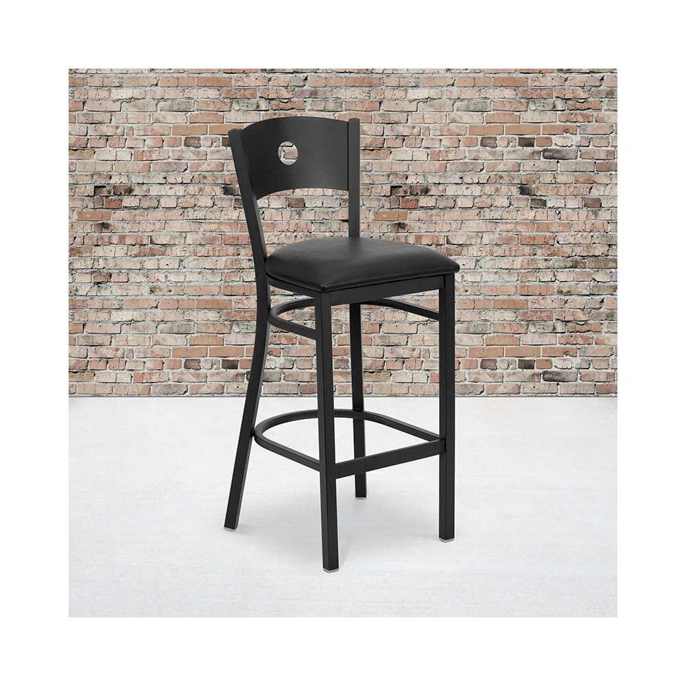 Black Circle Back Metal Restaurant Barstool - Black Vinyl Seat