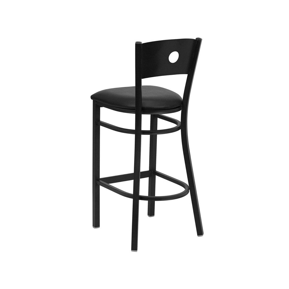 Black Circle Back Metal Restaurant Barstool - Black Vinyl Seat