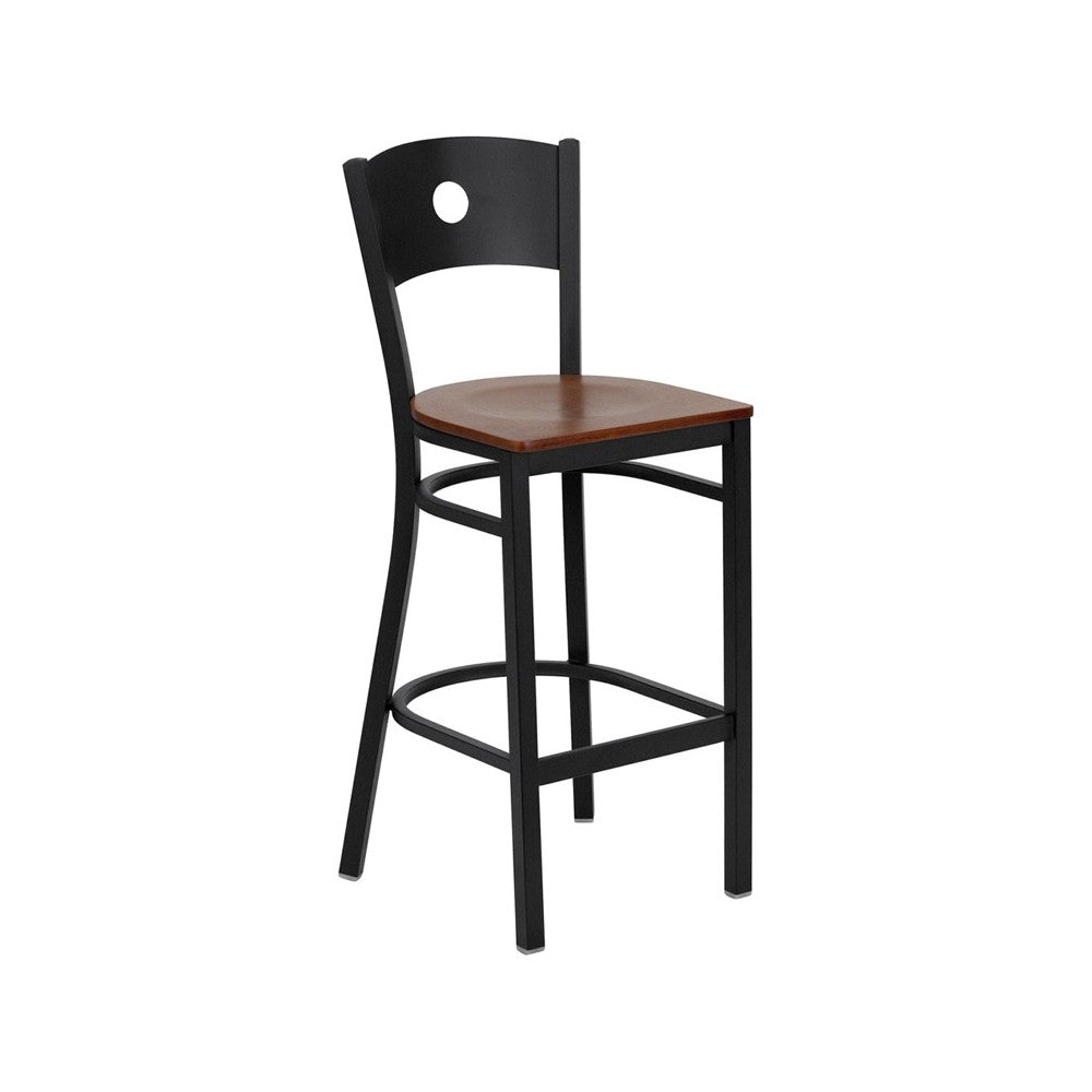 Black Circle Back Metal Restaurant Barstool - Cherry Wood Seat