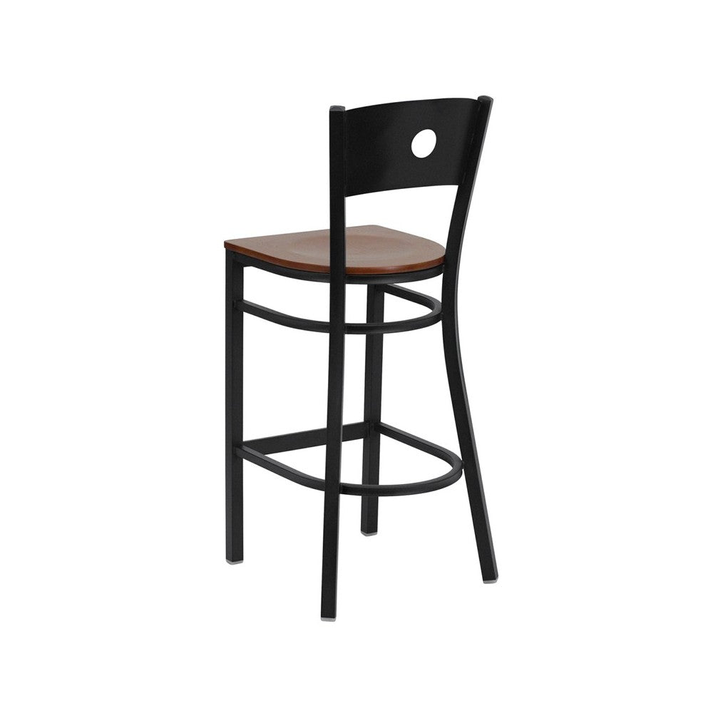 Black Circle Back Metal Restaurant Barstool - Cherry Wood Seat