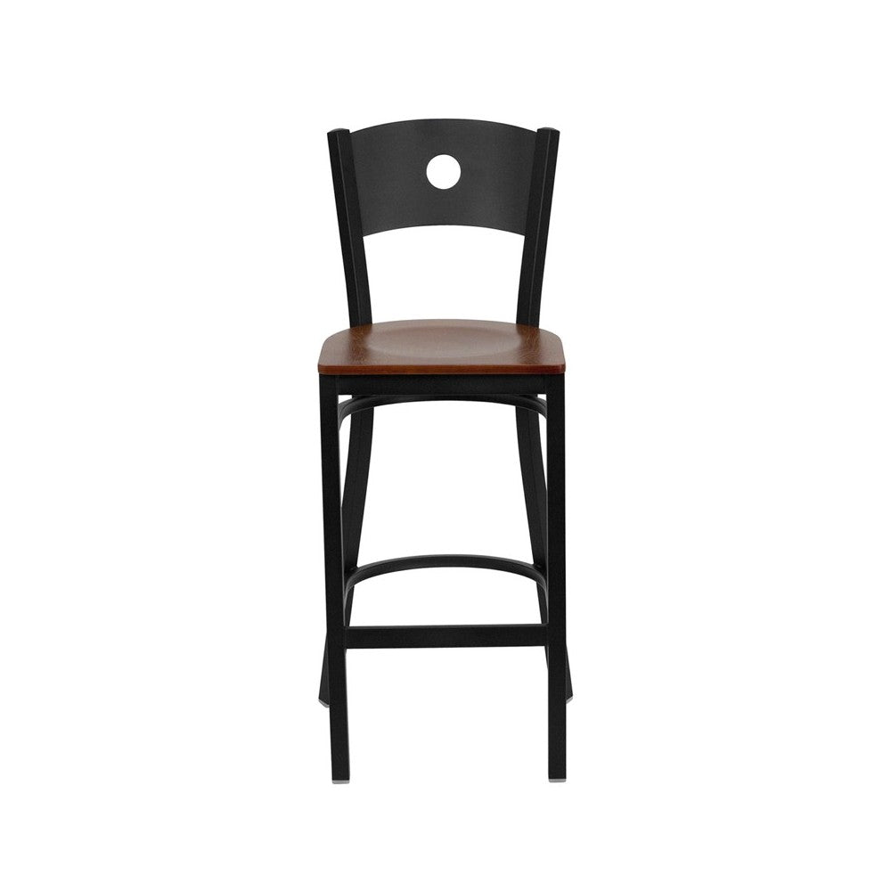 Black Circle Back Metal Restaurant Barstool - Cherry Wood Seat