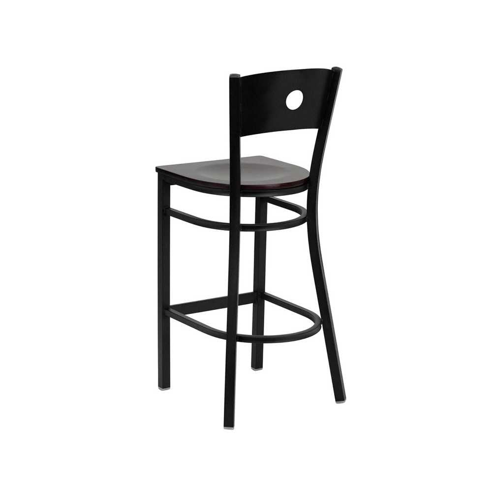 Black Circle Back Metal Restaurant Barstool - Mahogany Wood Seat