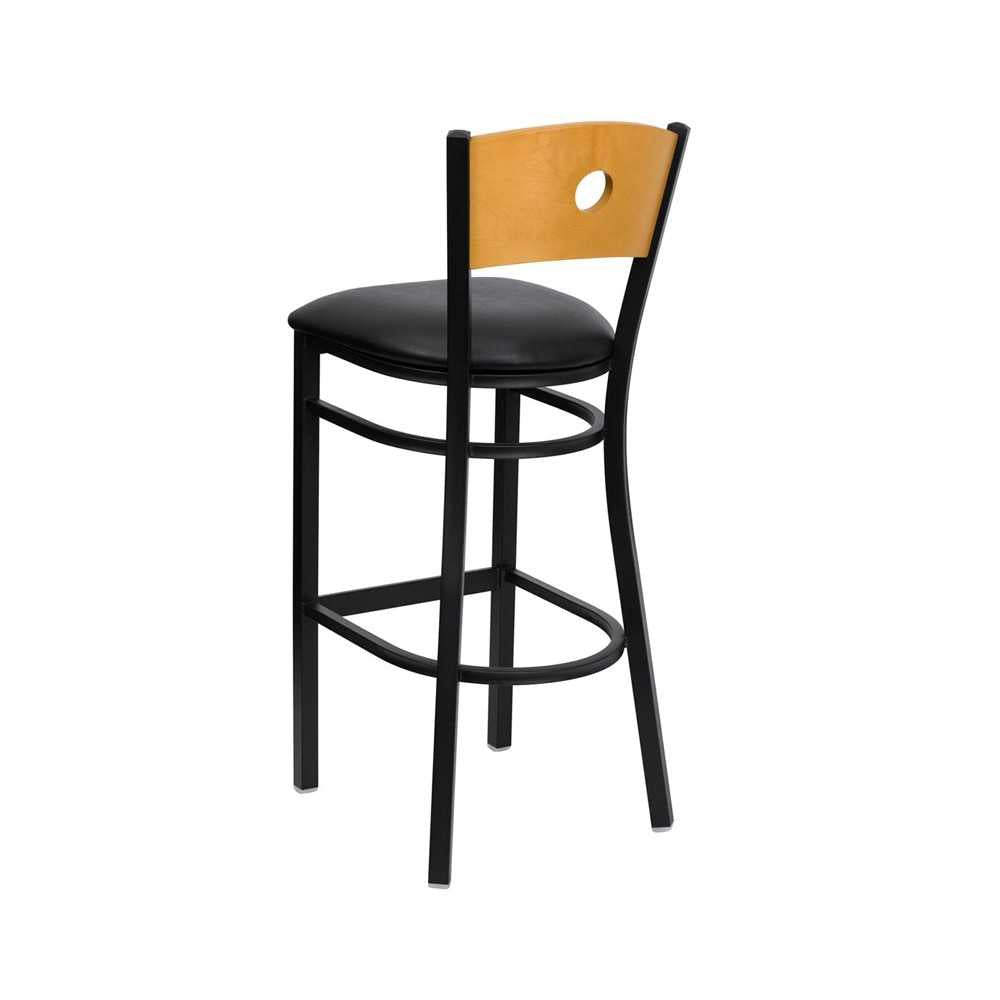 Black Circle Back Metal Restaurant Barstool - Natural Wood Back, Black Vinyl Seat