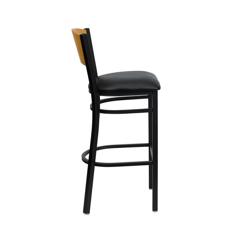 Black Circle Back Metal Restaurant Barstool - Natural Wood Back, Black Vinyl Seat