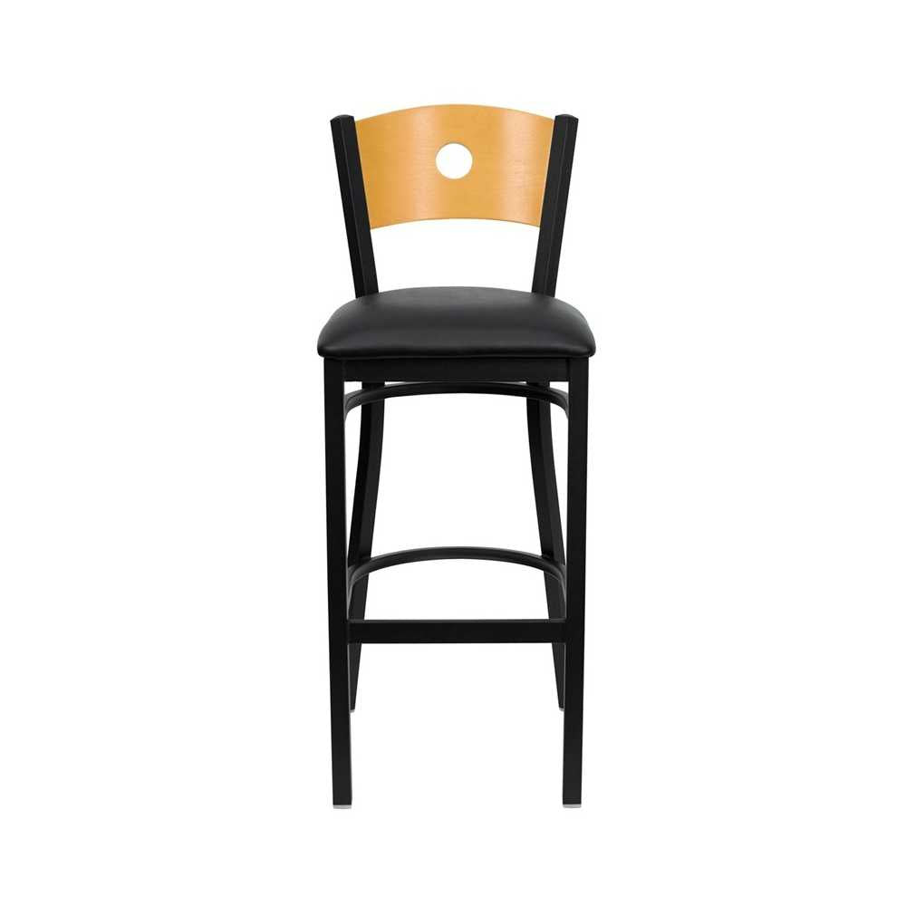Black Circle Back Metal Restaurant Barstool - Natural Wood Back, Black Vinyl Seat