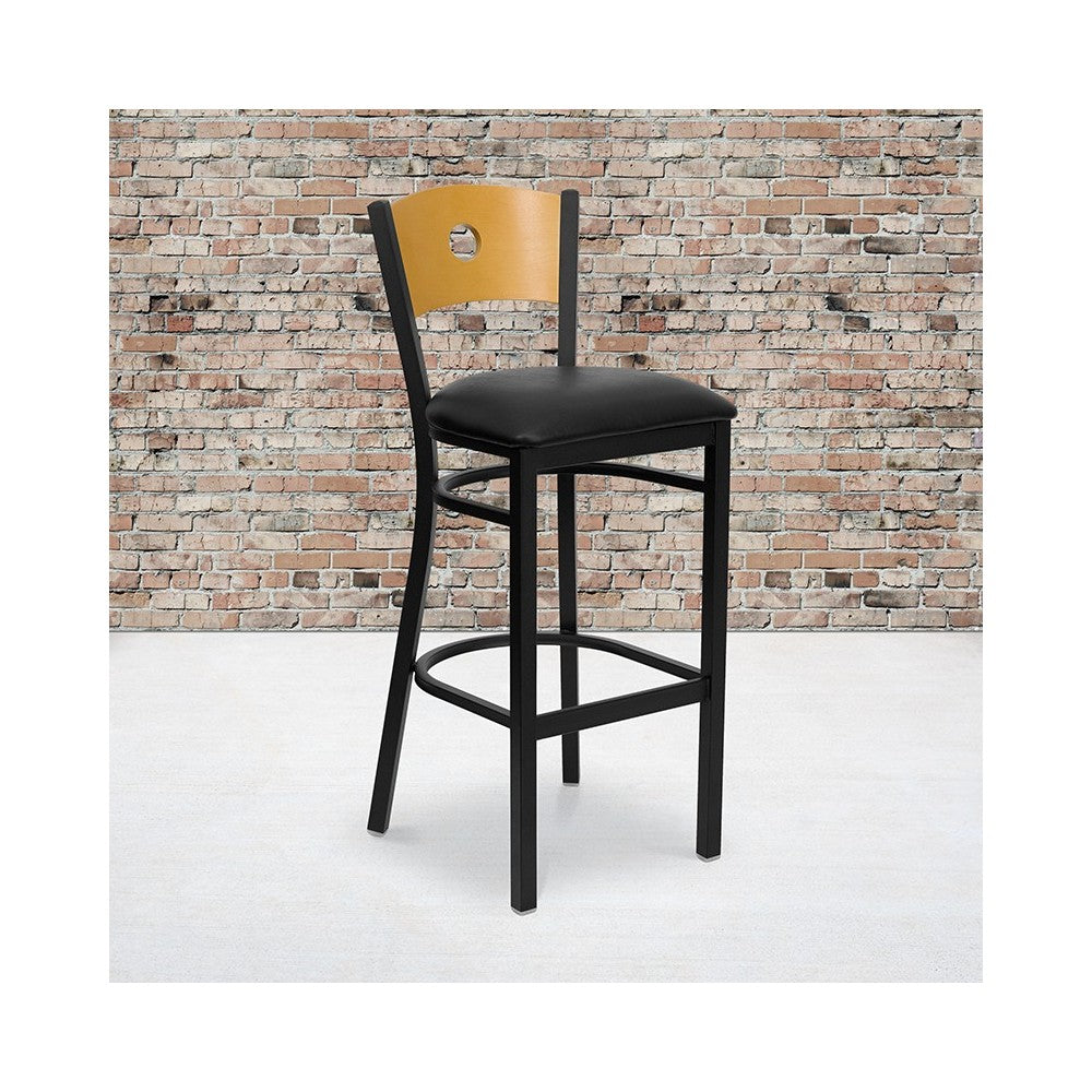 Black Circle Back Metal Restaurant Barstool - Natural Wood Back, Black Vinyl Seat
